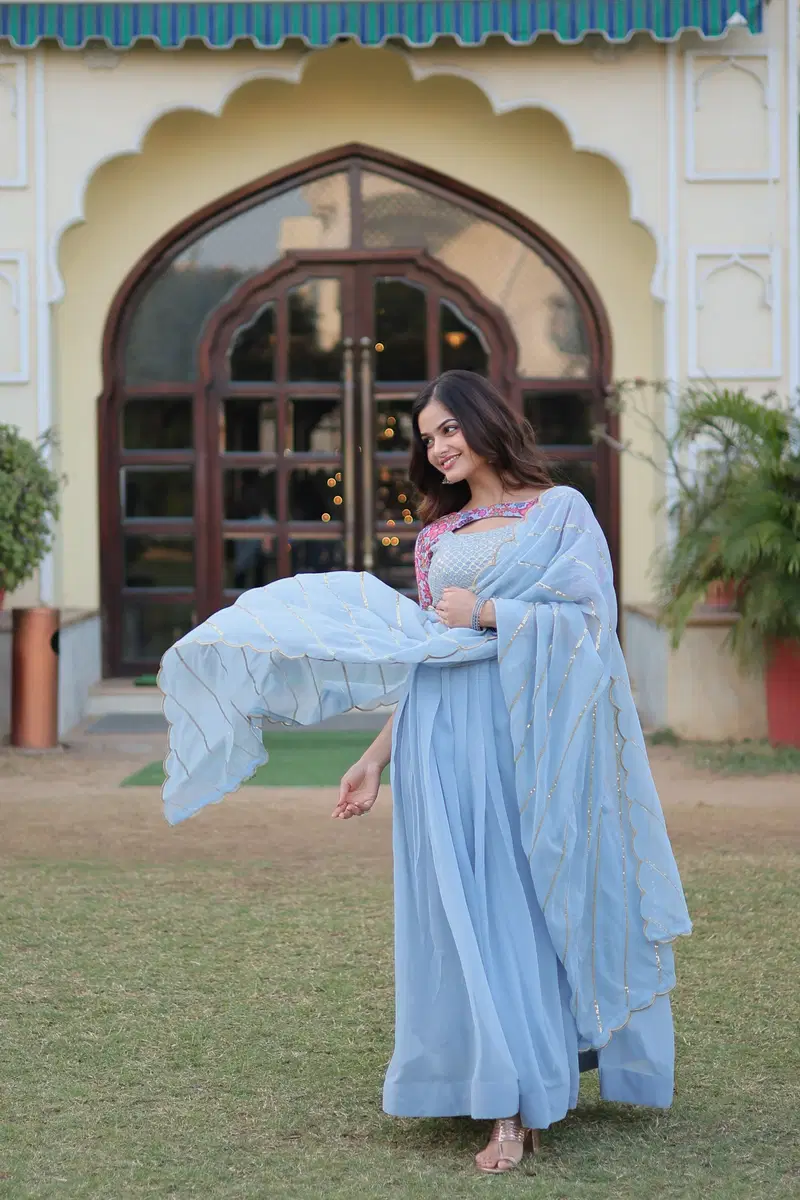 KA 1083 Georgette  Designer Party Wear Gown With Dupatta Wholesale Clothing Suppliers In India